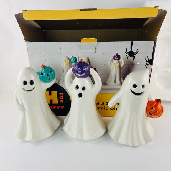 Halloween LED Ceramic Ghosts Set of 3; H for Happy - Picture 4 of 4